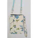 Fabric Bag- Great for Mobile Phone- Cream / Blue Floral Design- Strap White / Blue Grosgrain Flat Profile- Silver Coloured hardware- Internal Pocket