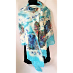 Felt Shawl- Scarf- Aqua Blue / White - Cotton / Wool