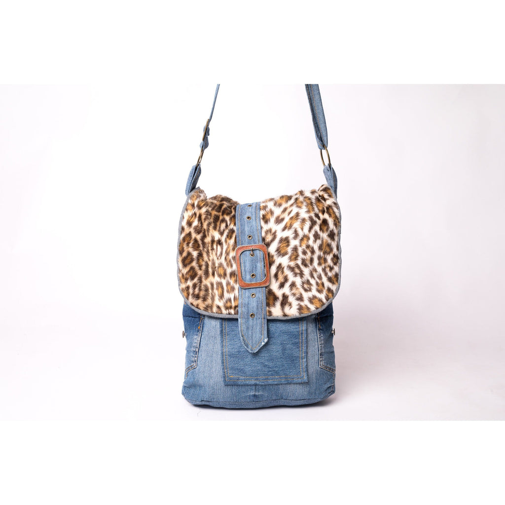 Up-styled denim bag- Large Bag- Faux fur flap- Mutiple pockets
