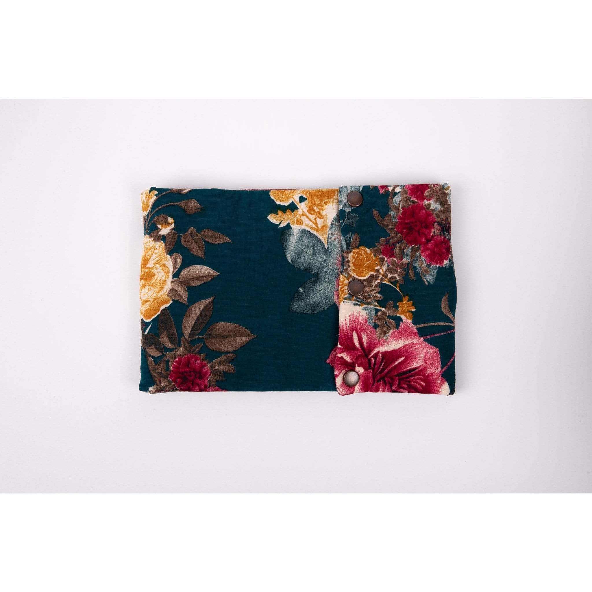 Floral print, dark caribbean blue ,pink, yellow, neck warmer- Antique coloured Metal Snaps