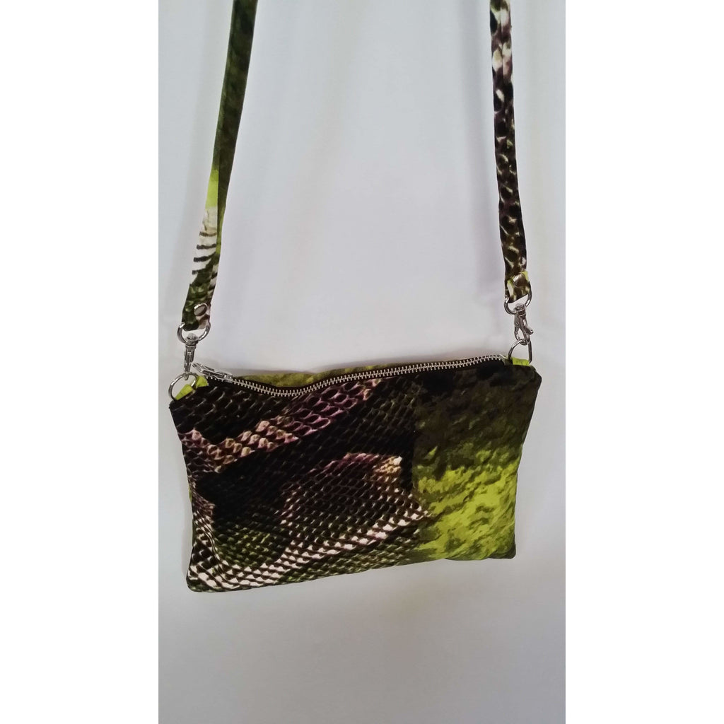 Fabric Bag- Green Snake Skin Print- Strap round profile- Chrome hardware- Internal Pockets