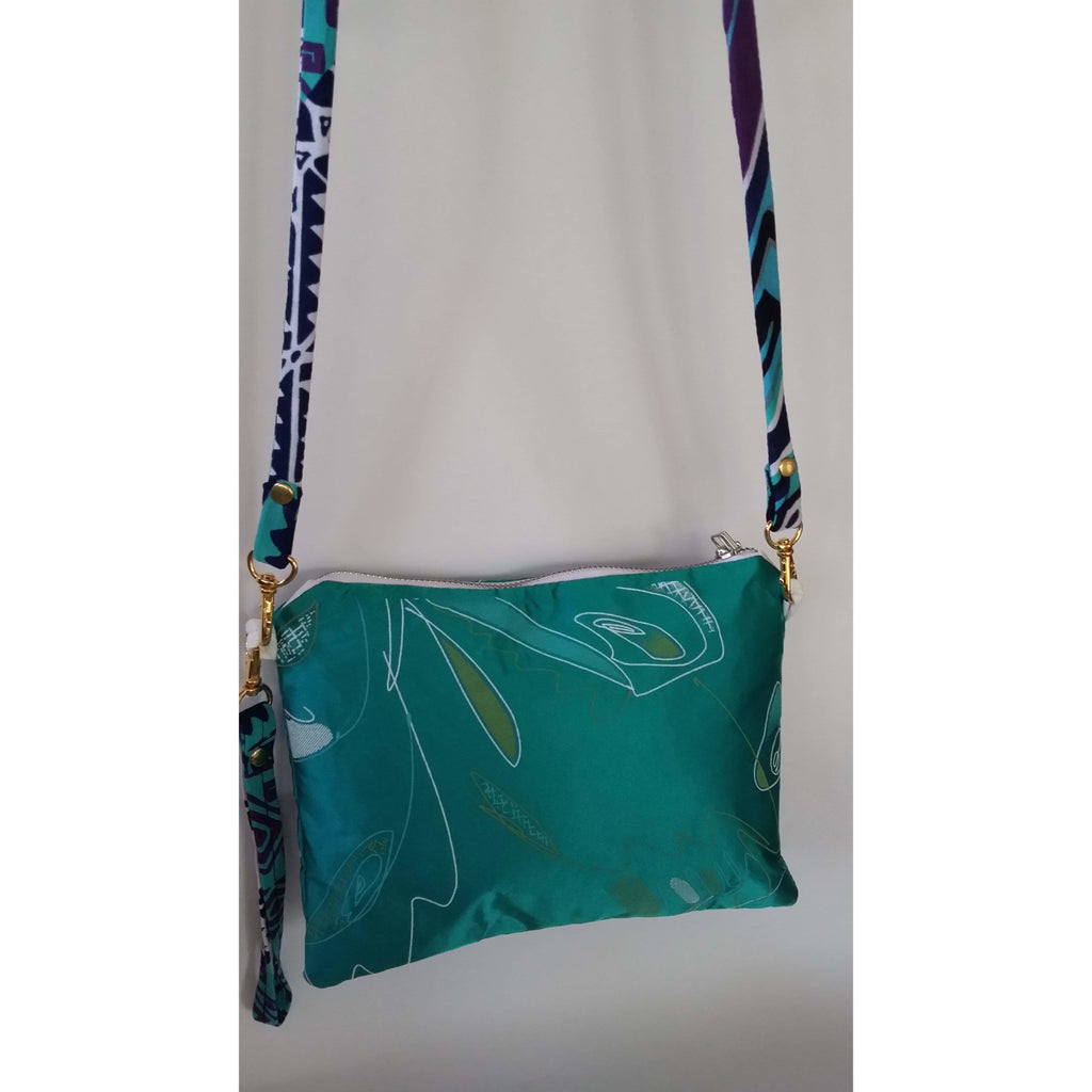Fabric Bag- Aqua Blue with Contemporary Print- Strap Flat Profile- Gold Coloured hardware- Internal Pockets