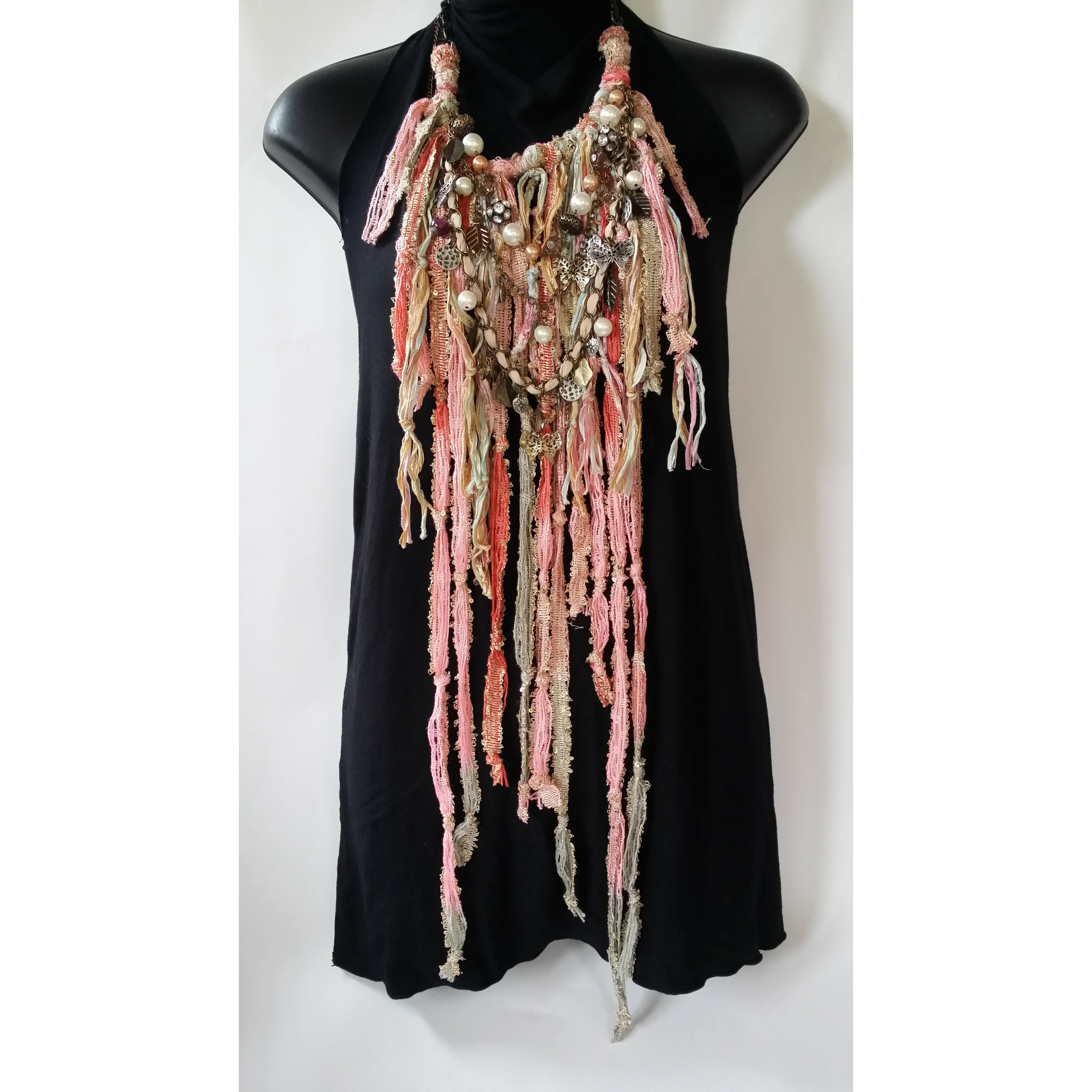 Festival Neckwear- Dusty pink / Beige- muti textile media - metal jewellery accents