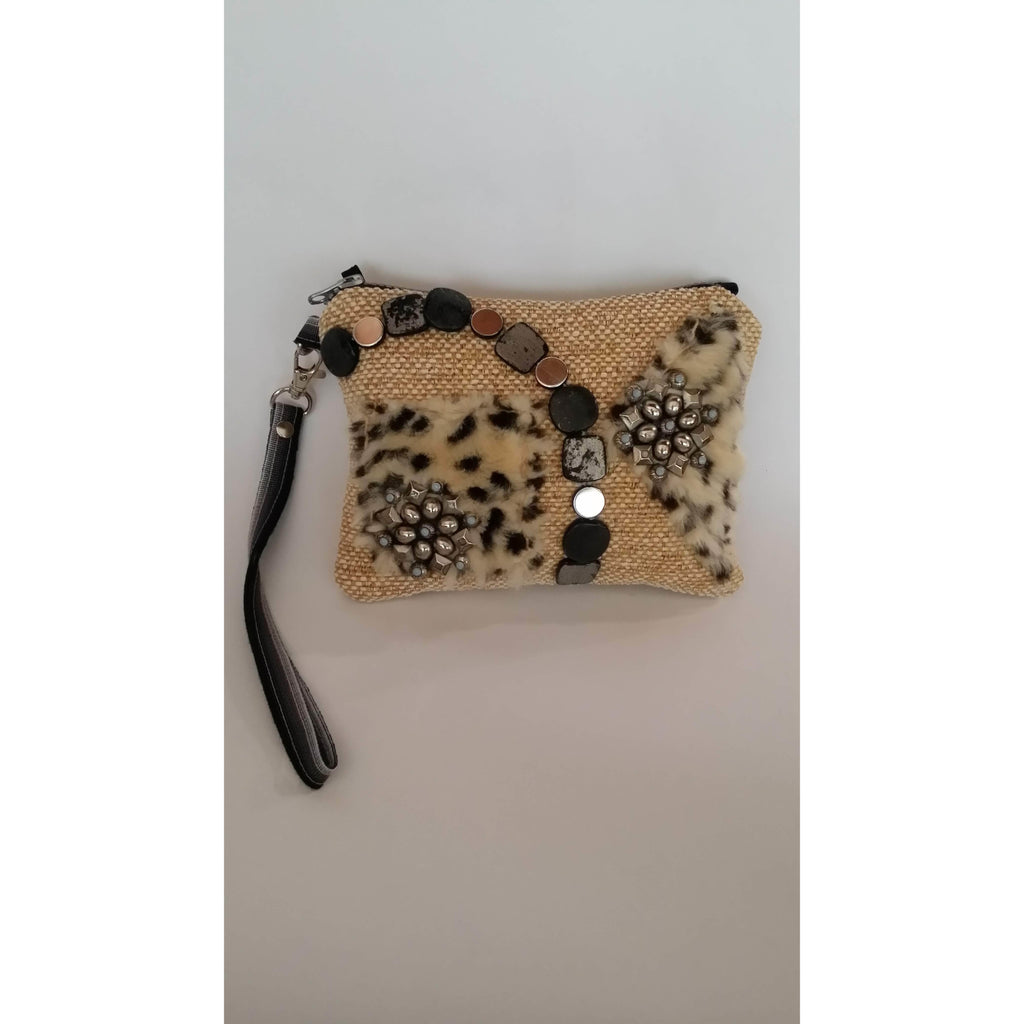 Clutch Bag- Wheat coloured-Embellished with faux fur and metallic pieces- Lined-Zipper for Closure 