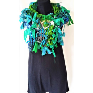Textile Scarf - Green Shades- 100% silk with leaf embellishments- 4 seasons