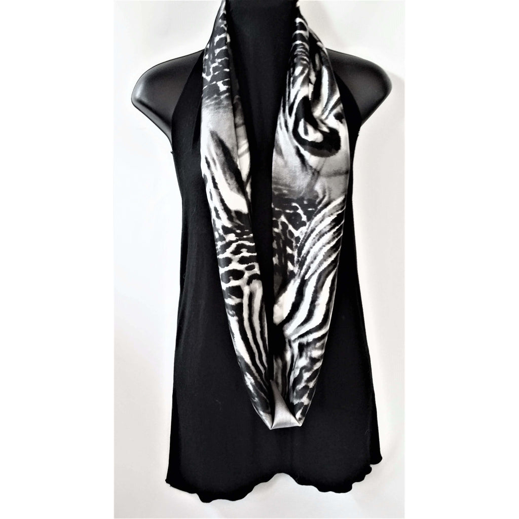 Infinity Scarf- Black / White/ Grey Animal Print- Silky Satin look- Polyester