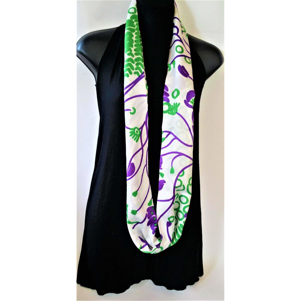 Infinity Scarf- Green / White / Purple- Retro print- Nylon