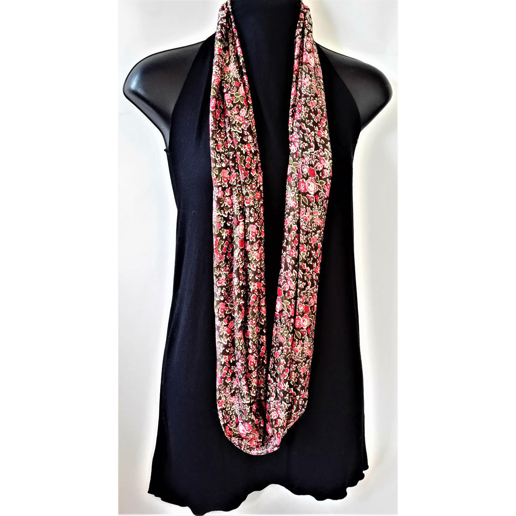 Infinity Scarf- Pink / Red / Brown tones- Floral Print - Polyester