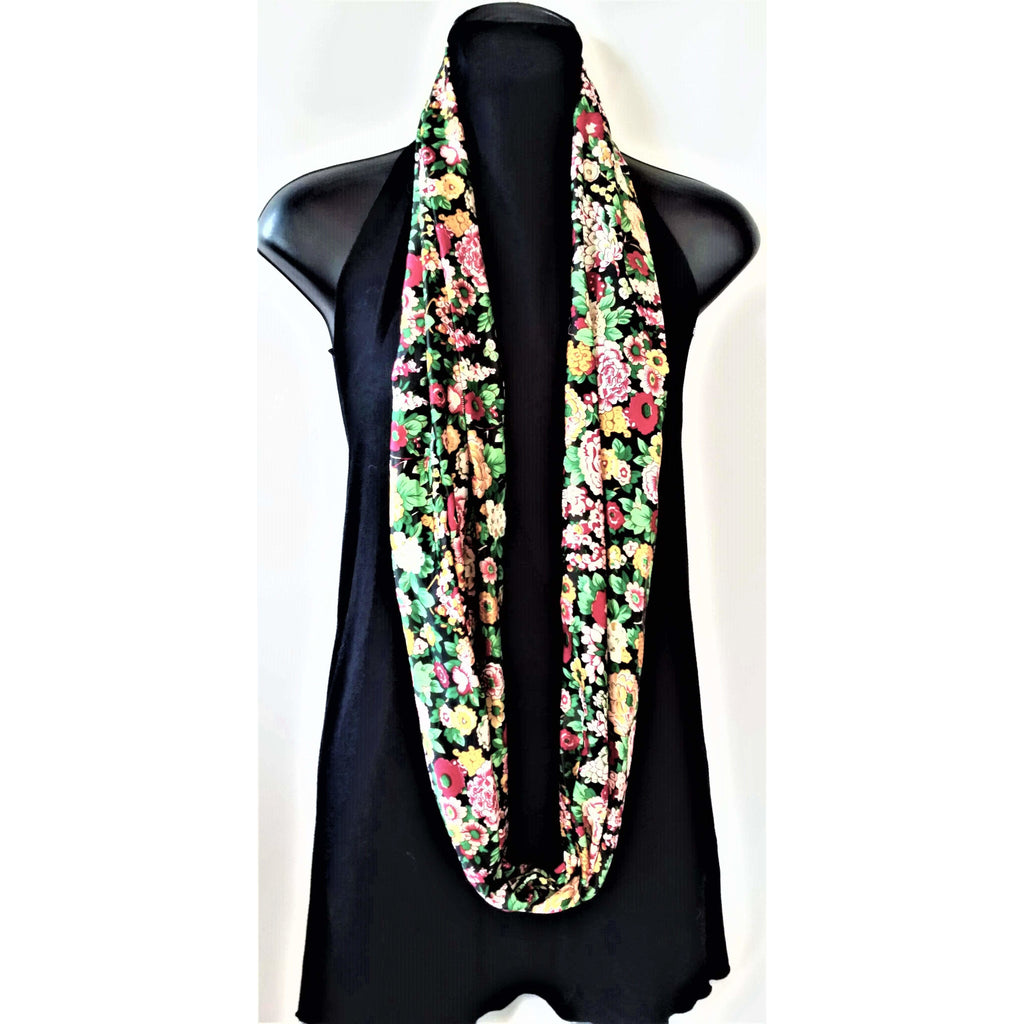 Infinity Scarf- Black / Green/ Yellow / Red- Floral Print - Polyester