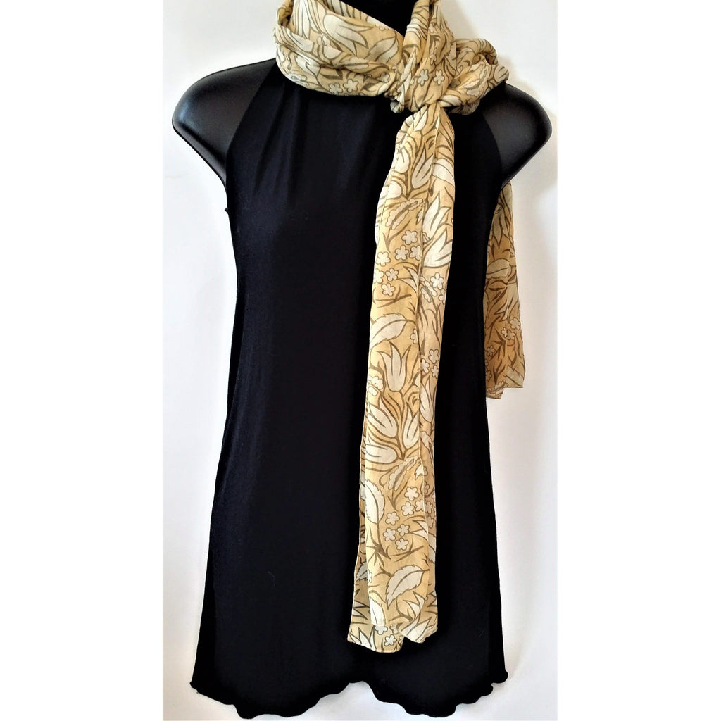 100% Silk Georgette Scarf- Soft Drape- Camel Coloured with Floral Design