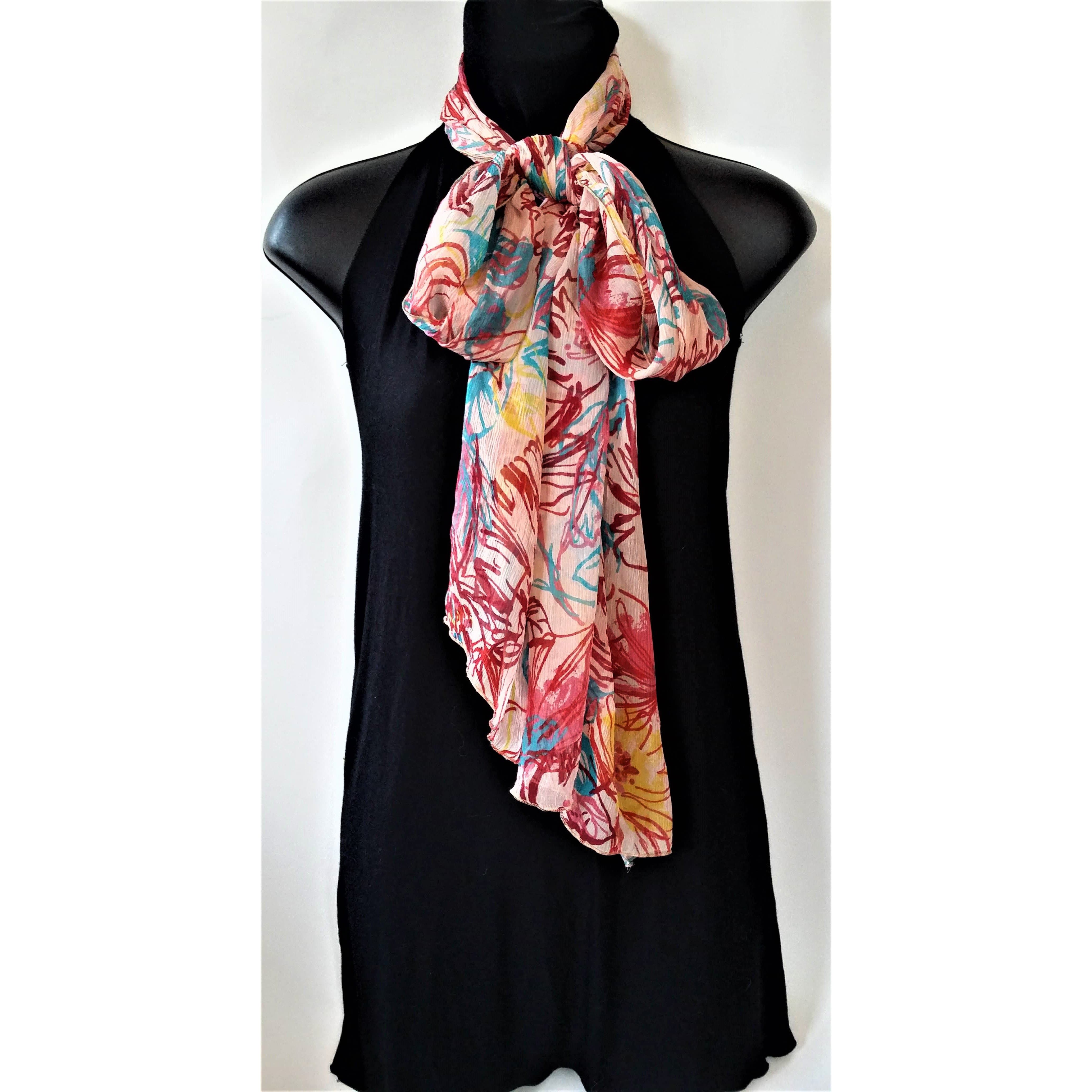 100% Silk Georgette Scarf/Shawl- Soft Drape- Multi- Coloured with Contemporary Design