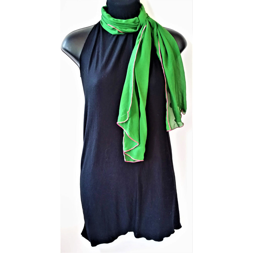 100% Jap Silk Scarf- Soft Drape- Asda Green Coloured- With Pink Edging for Contrast