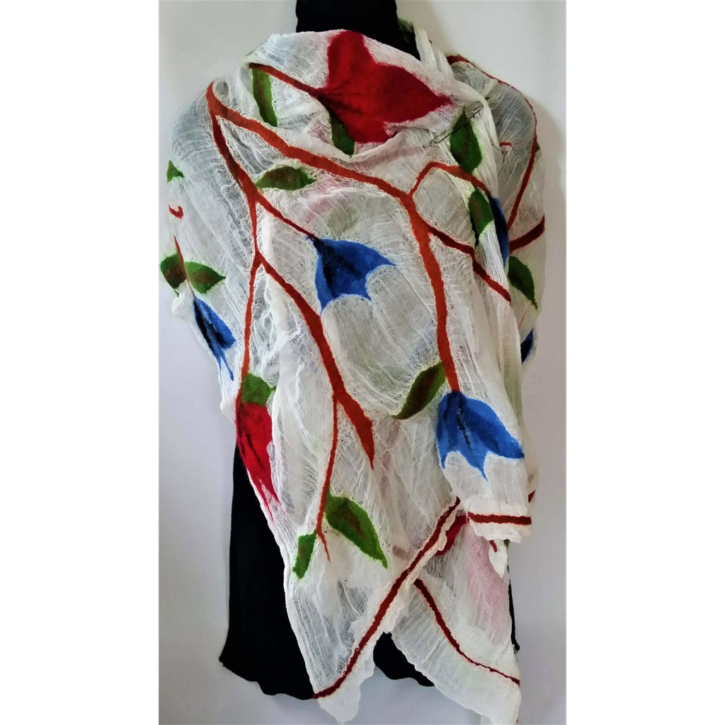  Felt Shawl- Scarf- White / Blue/ Red floral design- Cotton/ Wool