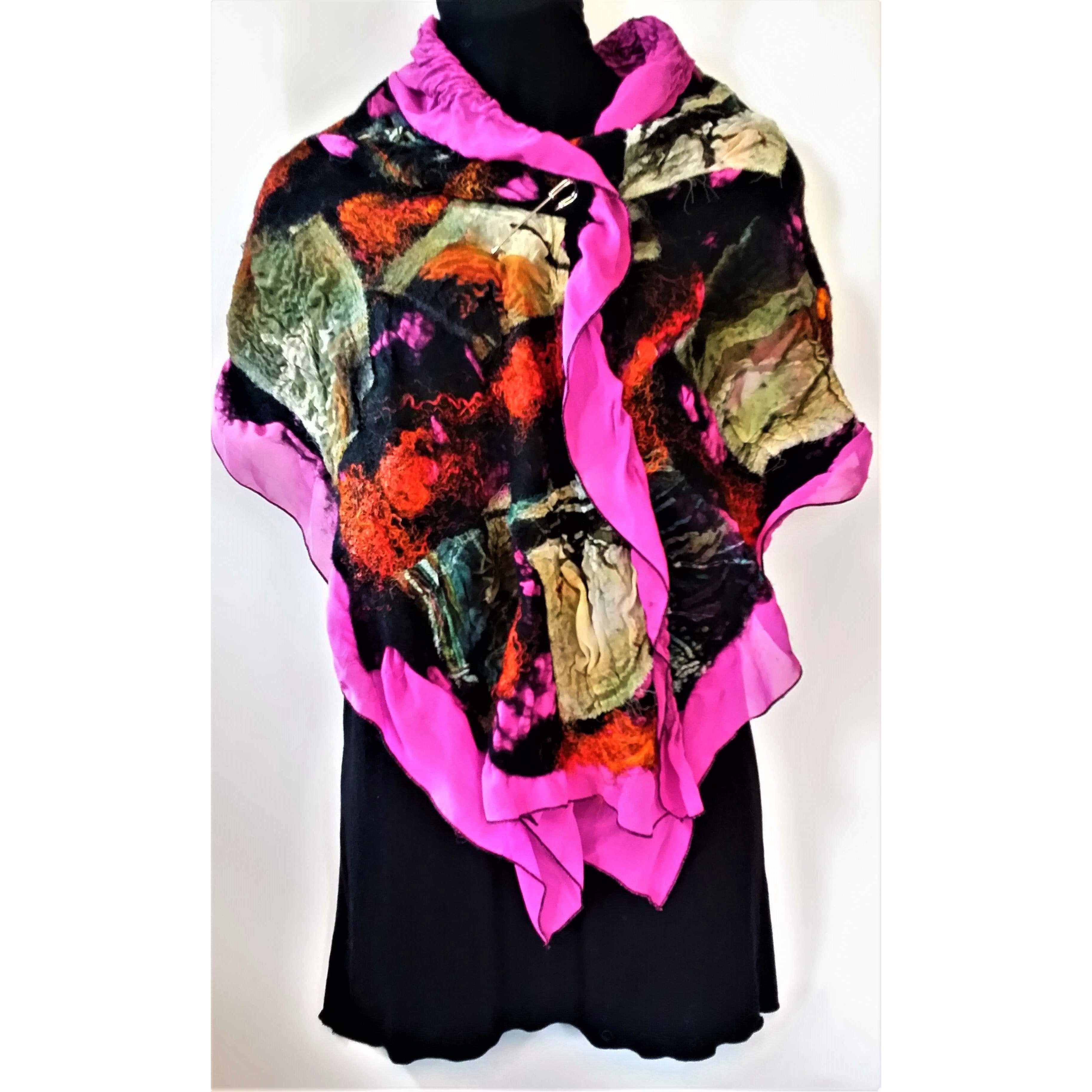 Felt Scarf- Scarf- Pink/ Black / Autumn Tones - Silk/ Wool/ Polyester 