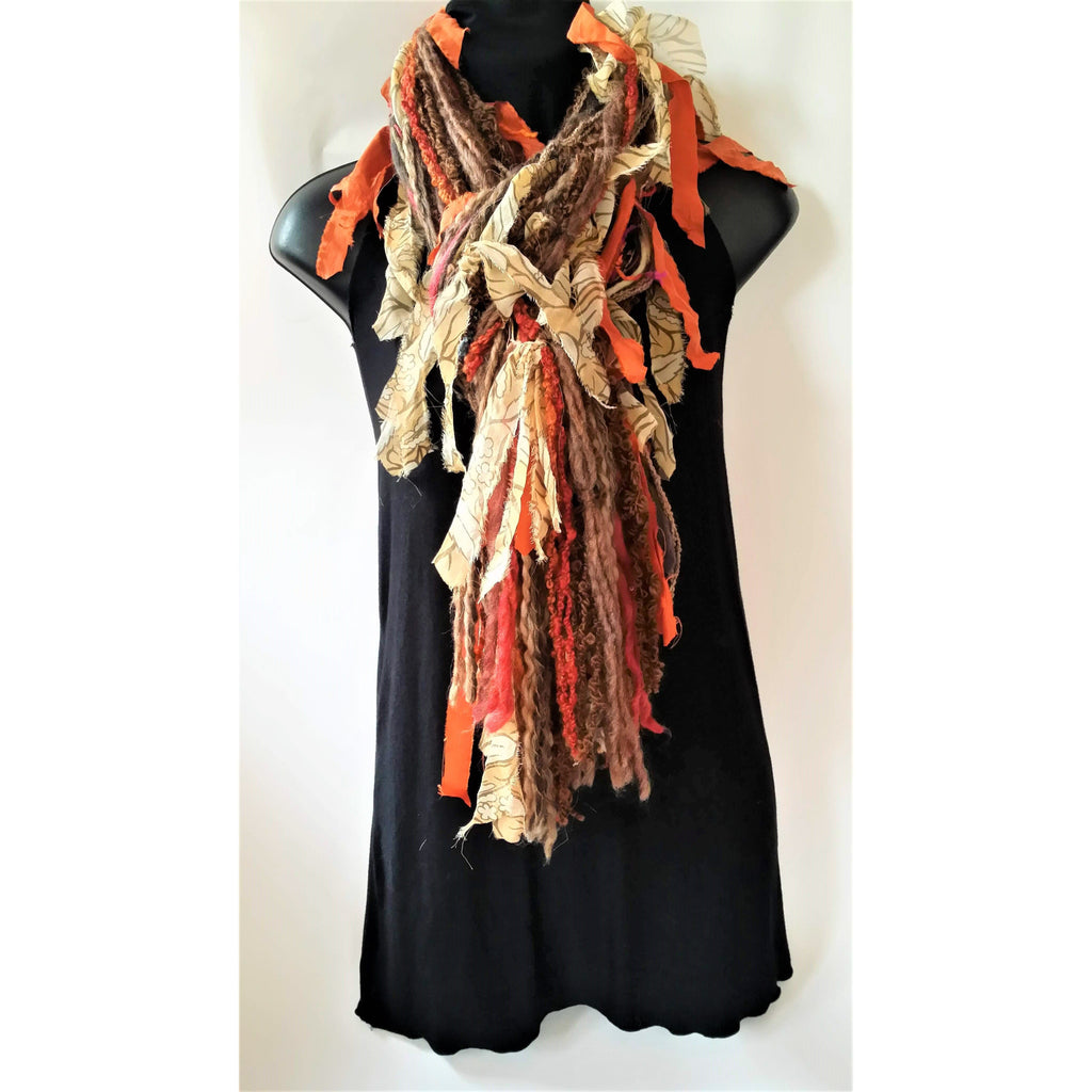 Scarf-Wool and other textiles-with silk embellishments tied for contrasts