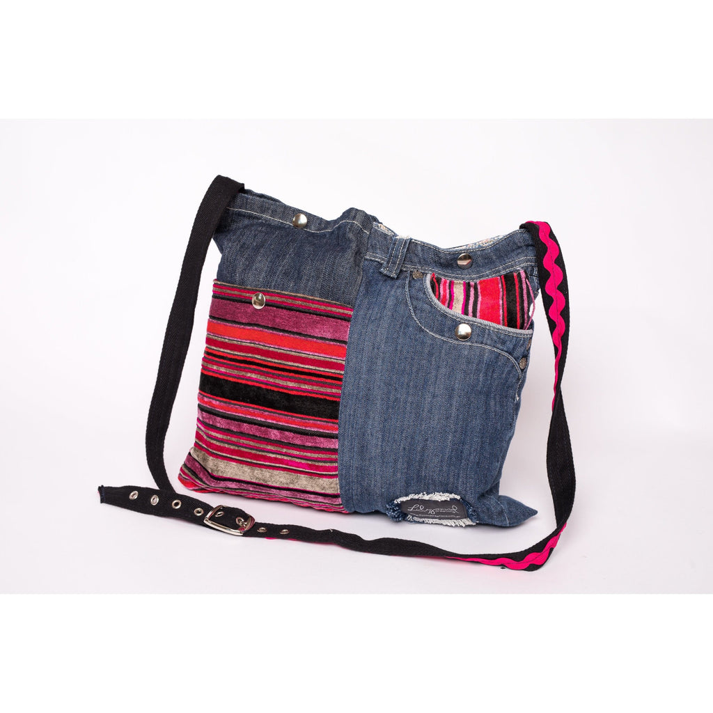 Up-styled denim bag- Pink stripped velvet pocket with rik rak strap.