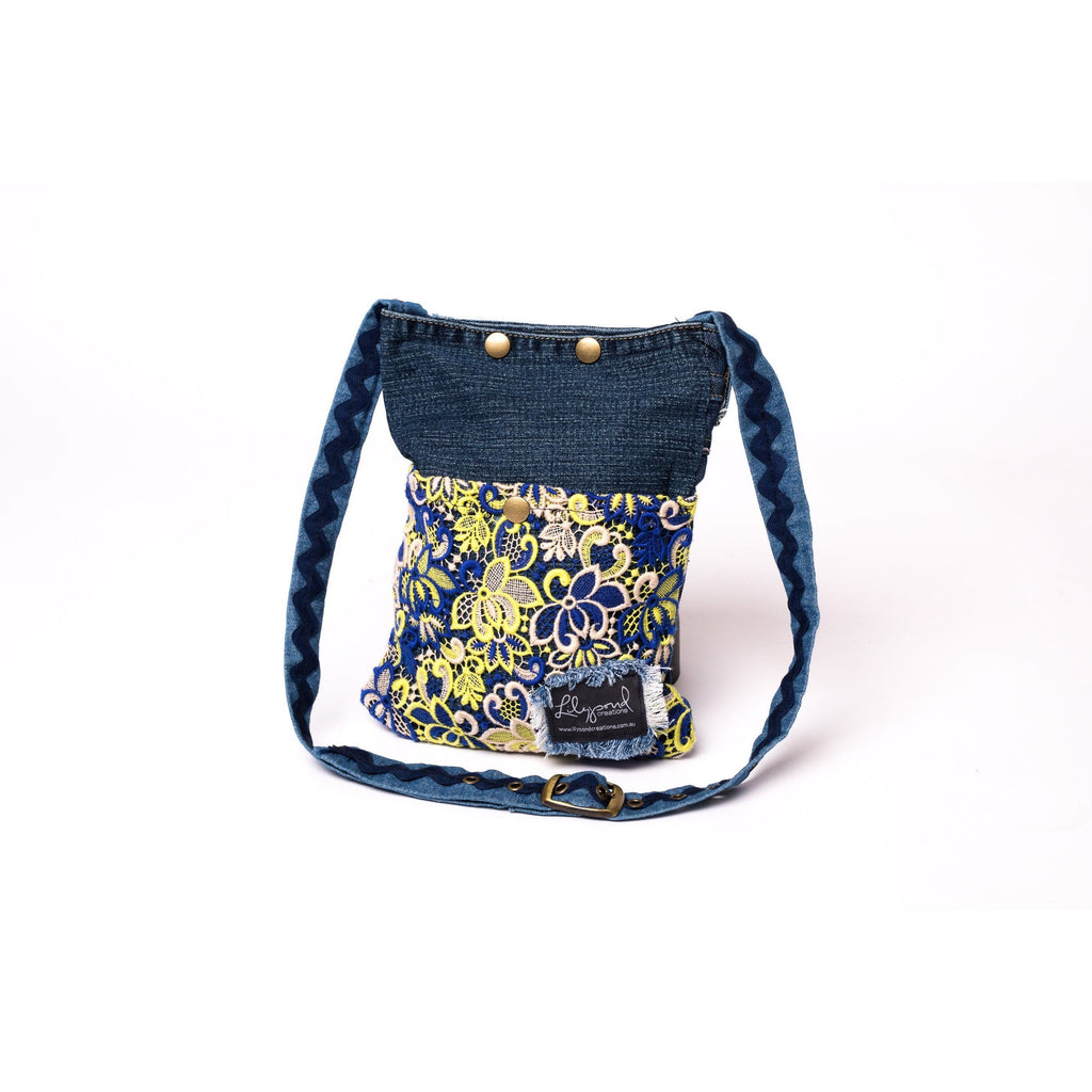 Up-styled denim bag-Small Bag- Lace pocket- Snaps for closure