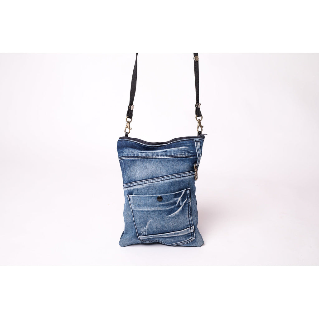Up-styled denim bag- Small Bag- Top zipper for closure