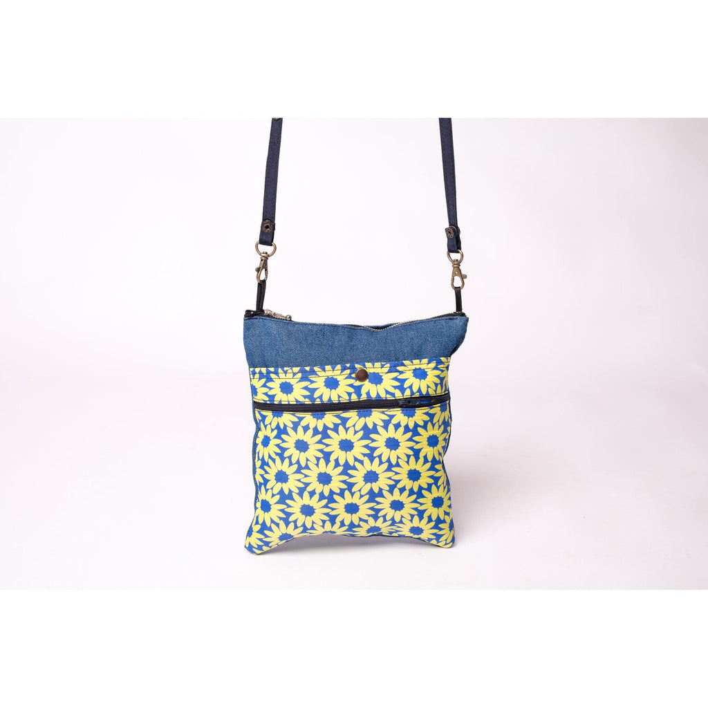 Up-styled denim bag-Mini Bucket Bag- Sunflower design pocket- Zipper for closure
