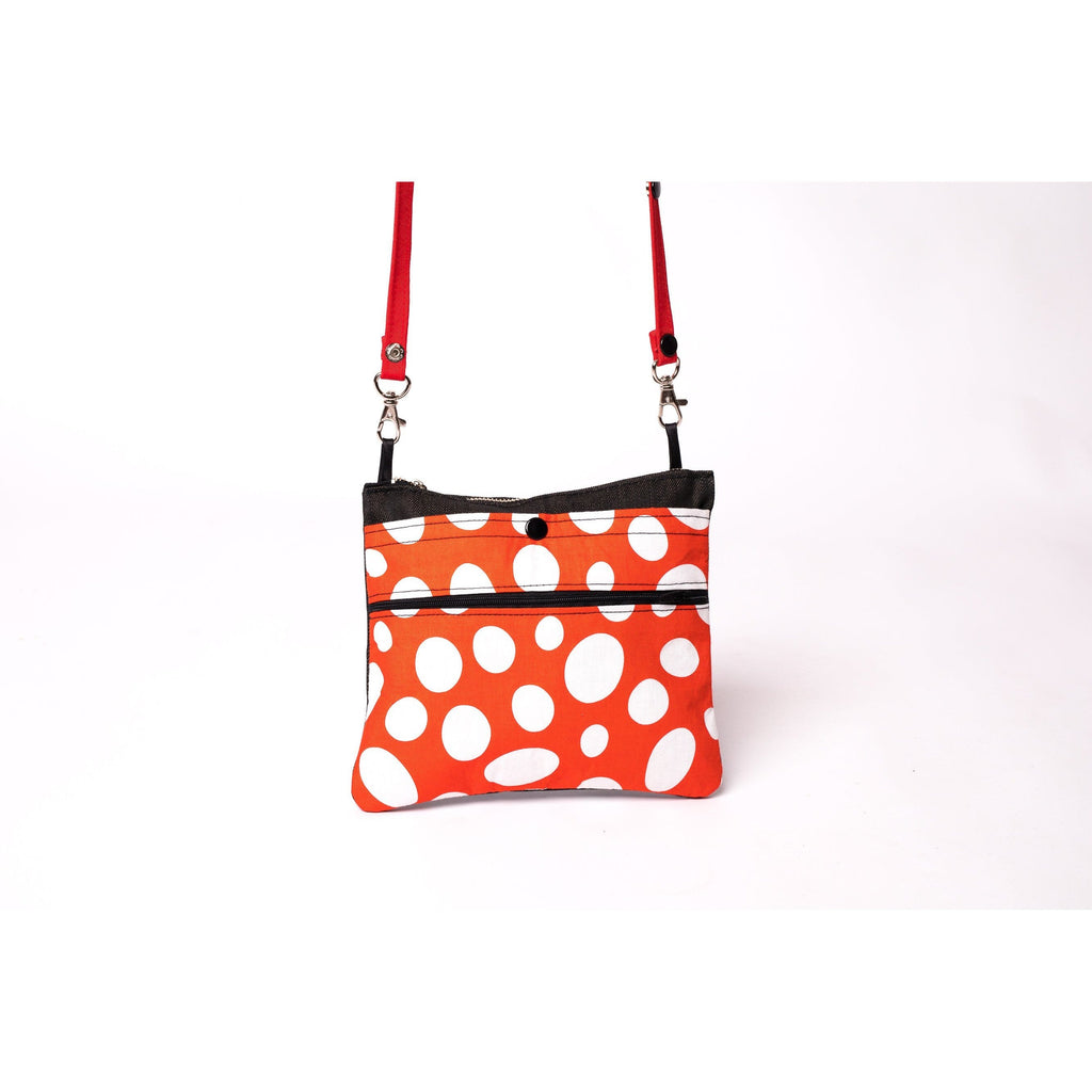 Bag- Black Denim with Red & White Polka Dots- Unlined- External Pockets