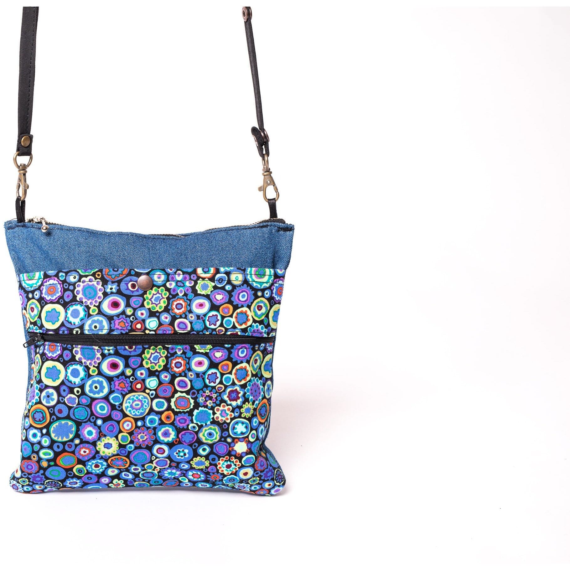Up-styled denim bag- Small Bucket bag- Blue printed contemporary design pocket- zipper for closure