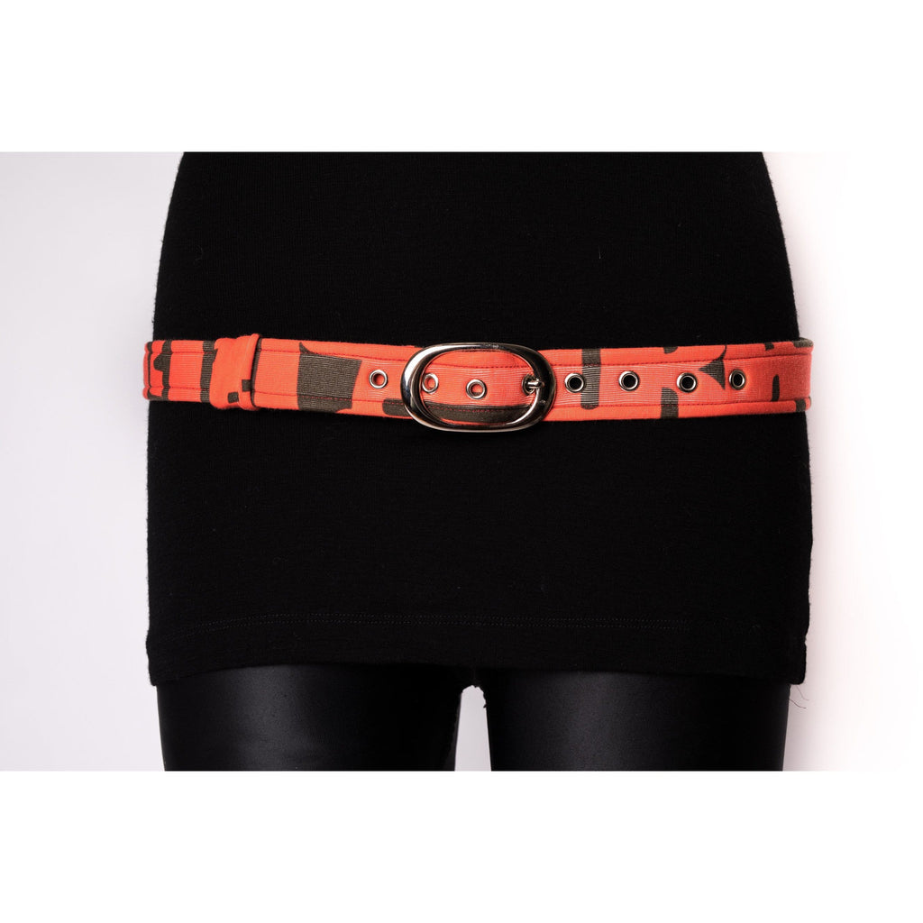 Belt fabric 30mm wide Bright Orange / Red / Black- shiny chrome buckle