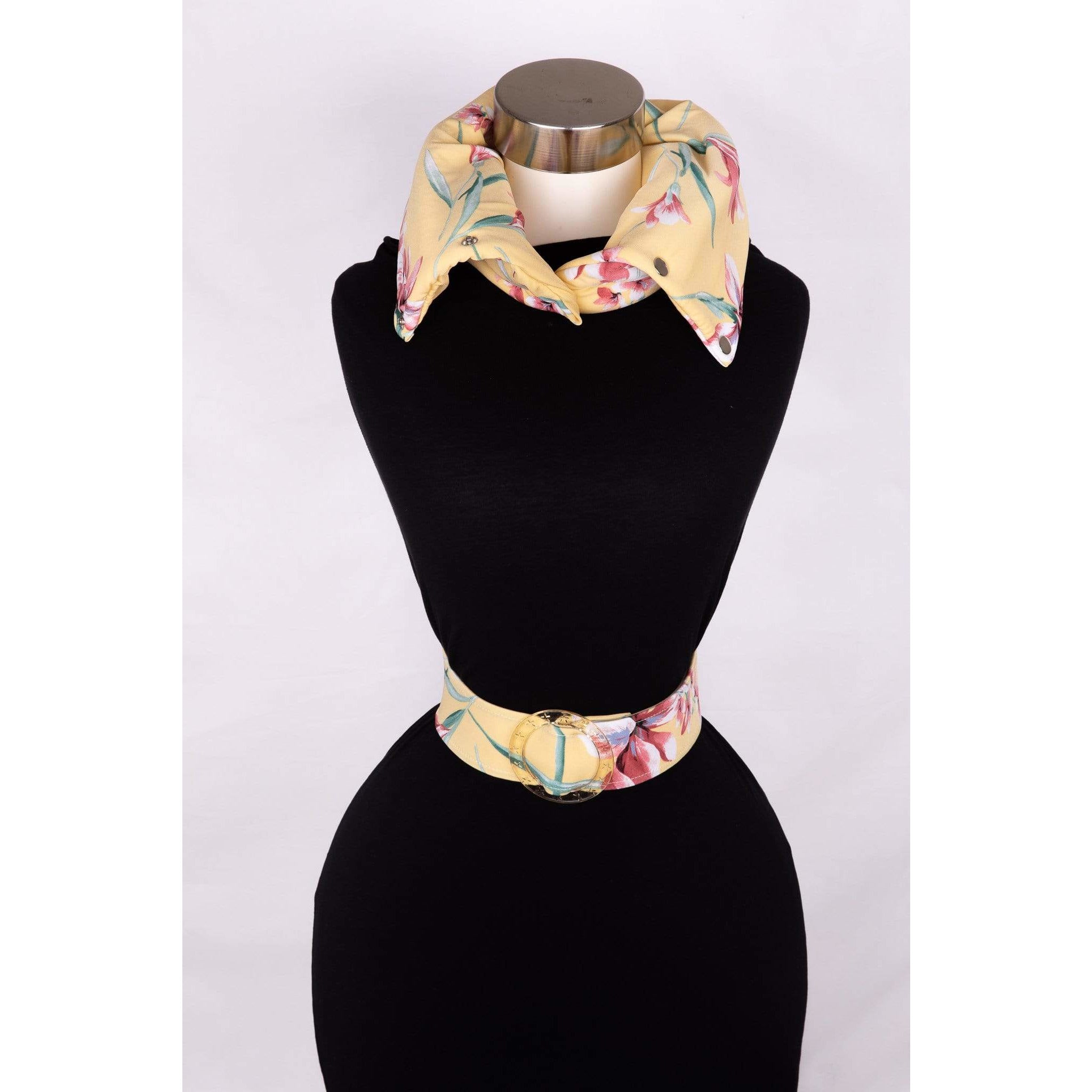 Combination Neck Warmer and Belt with free matching pouch (that attaches to belt)- Lemon with floral print.