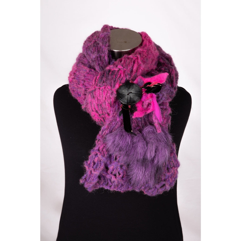 Scarf- Fuchsia pink- wool rich textile scarf with complementary button brooch