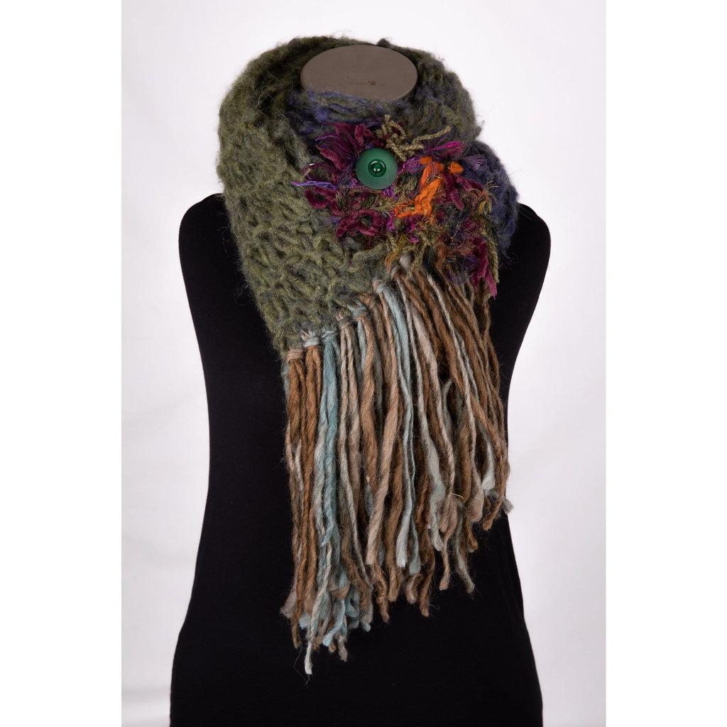 Scarf- khaki- Wool rich textile scarf with fringe