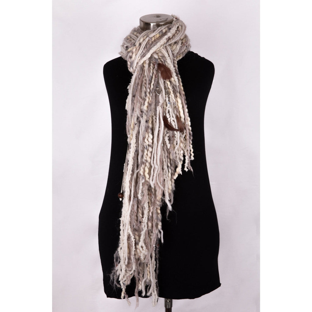 Scarf- Knotted wool Rich- Beige/ Cream- Multi-textile with feather embellishments- Winter