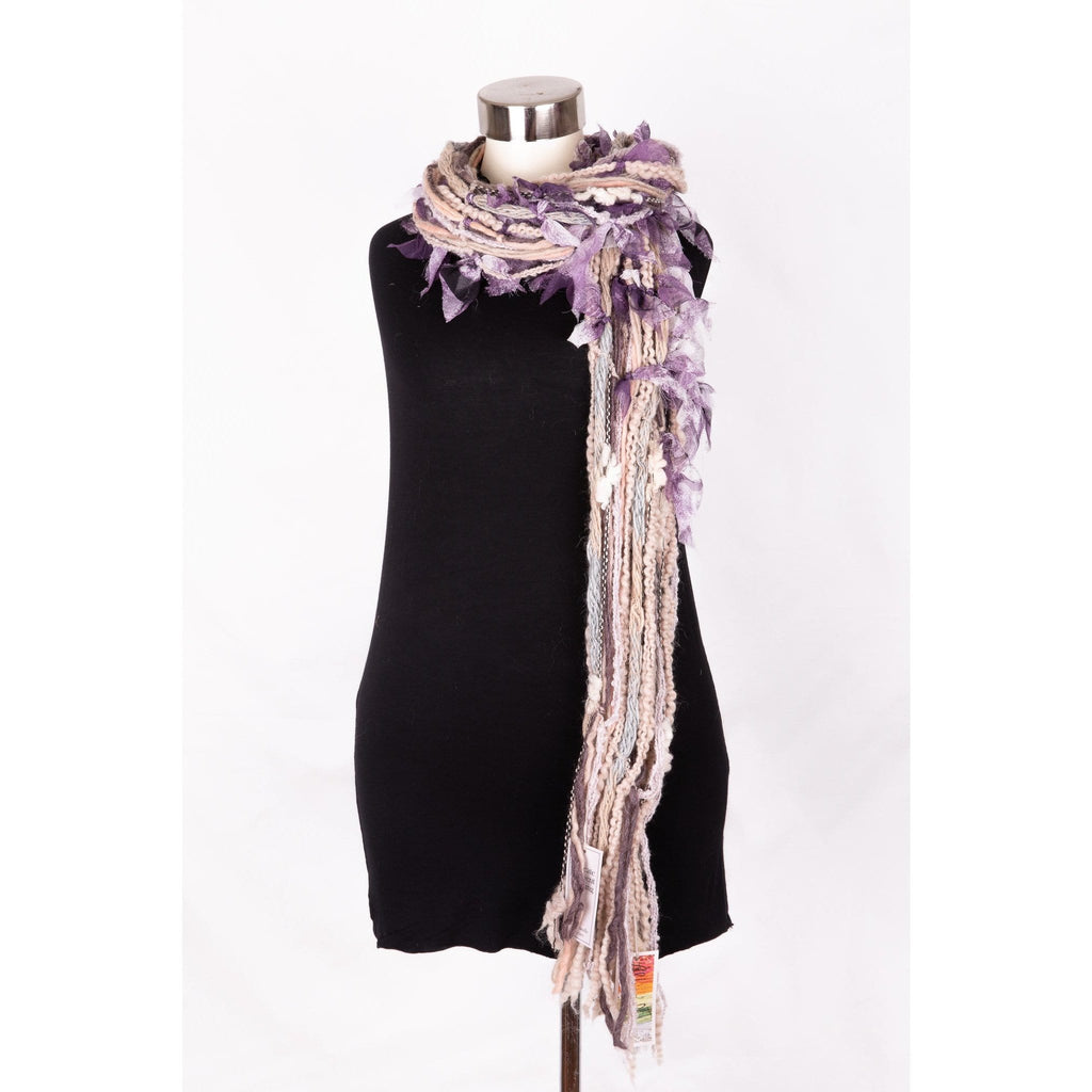 Scarf- Brown/ Cream/ Beige- Multi-textile with lavender coloured leaf embellishments