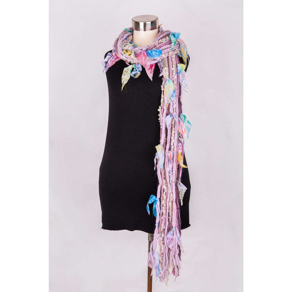Scarf- Soft lavendar/pink- Knotted multi-textile with leaf embellishments-Autumn/ Winter